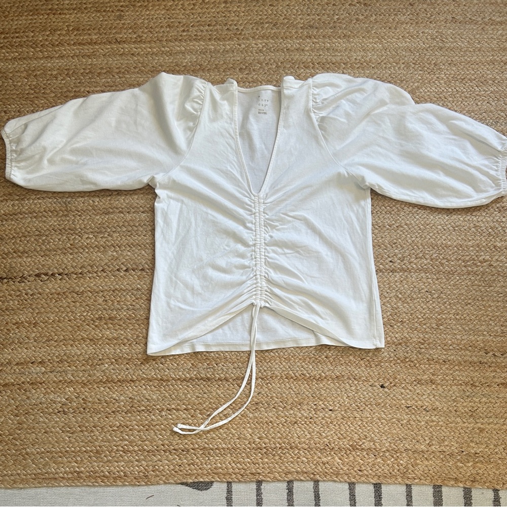 Ruched Drawstring Puff-Sleeve Top